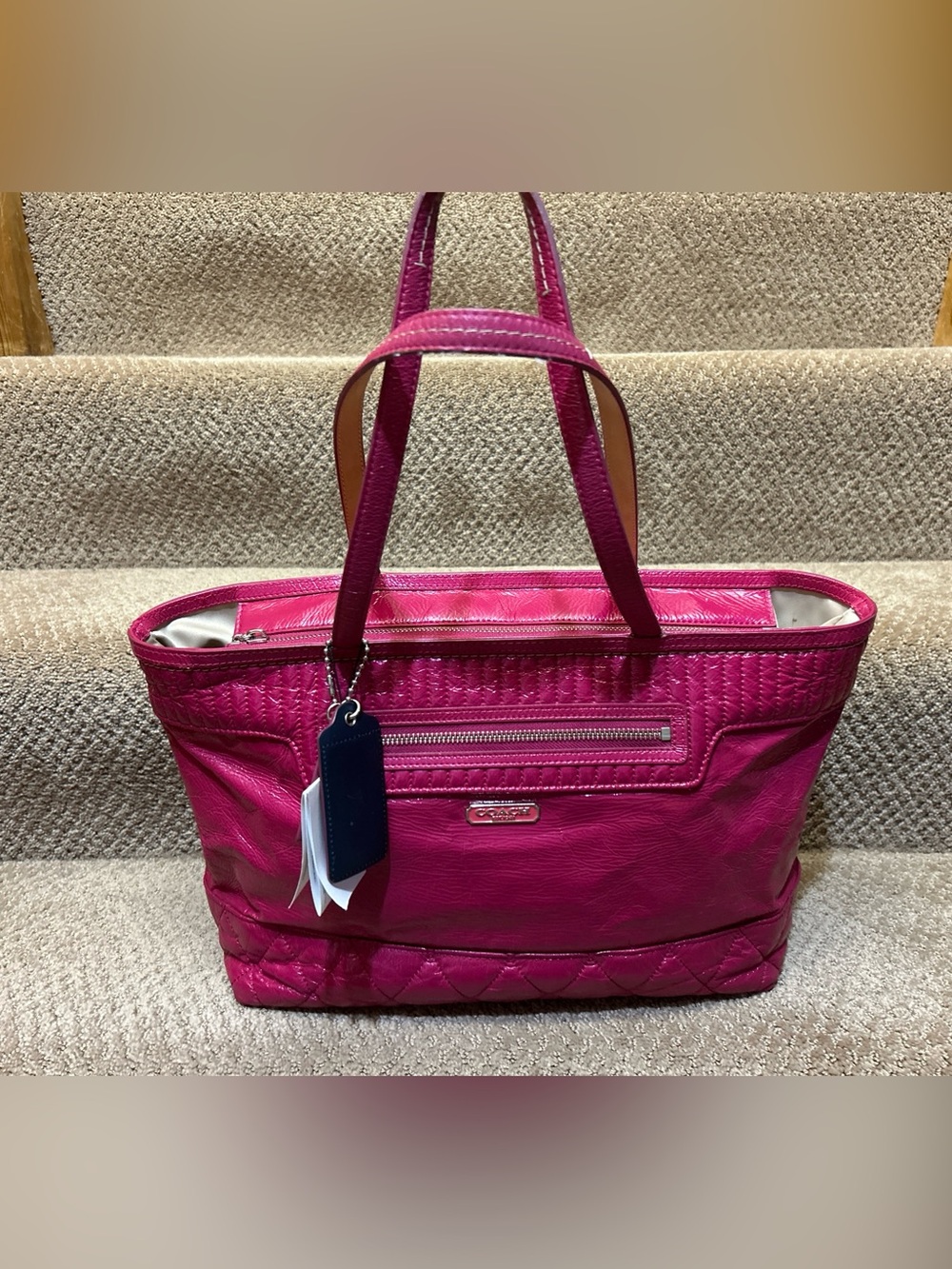 NWT Coach Poppy Patent Leather Glam Tote Shoulder Bag Silver/ Fuchsia Pink Hot